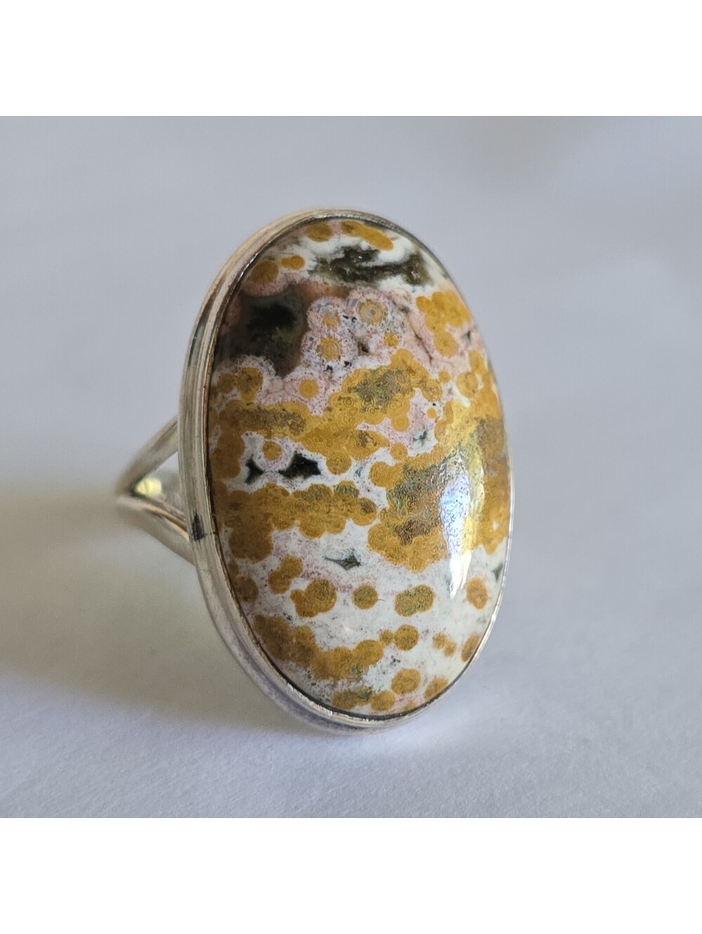 925 Sterling silver ring with an oval ocean jasper cabochon stone